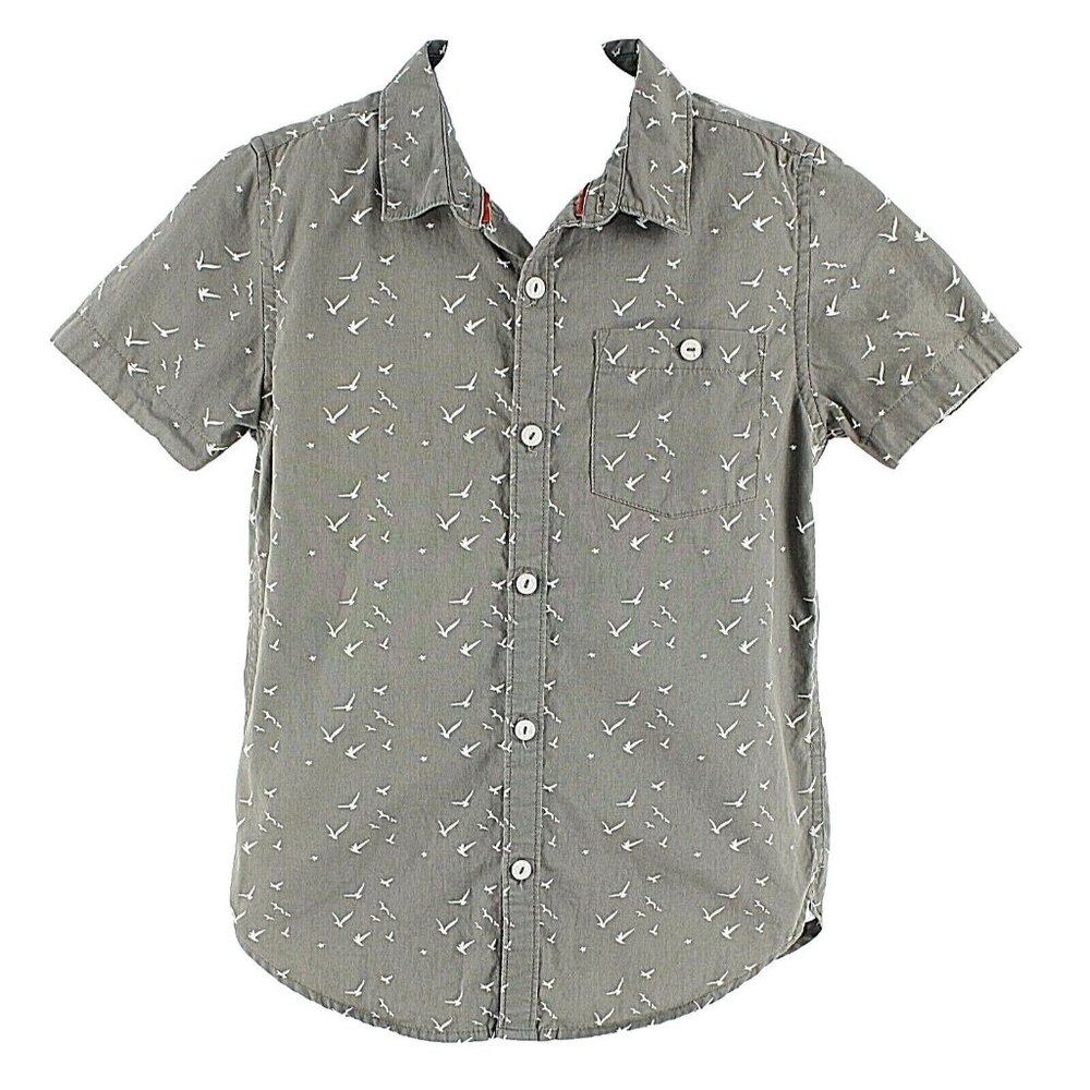 Cactus Community Sz M Boys 9-10 Gray Cream Buttoned Bird Theme 100% Cotton Shirt